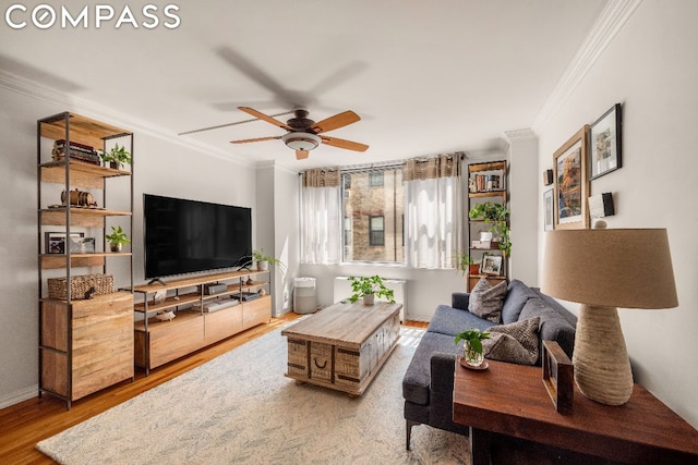 living room with hardwood / wood-style flooring, crown molding, and ceiling fan