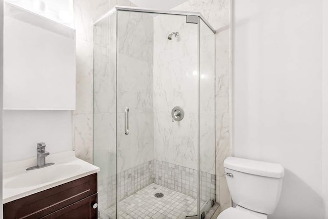 bathroom featuring a shower stall, toilet, and vanity