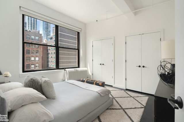 bedroom with multiple closets and radiator