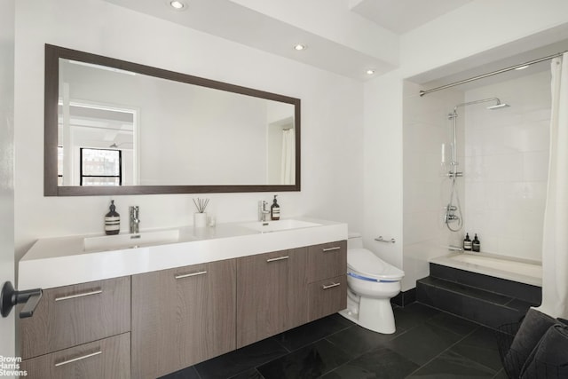 full bathroom featuring tile patterned flooring, vanity, shower / bath combination with curtain, and toilet