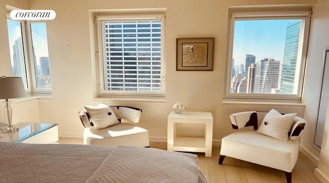 bedroom featuring a city view, baseboards, and wood finished floors