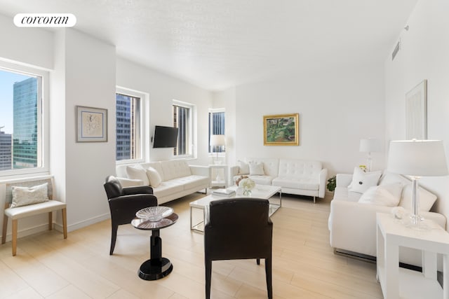 living area with baseboards, visible vents, and light wood-style floors