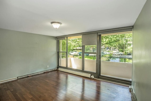 unfurnished room featuring dark hardwood / wood-style floors and a baseboard radiator