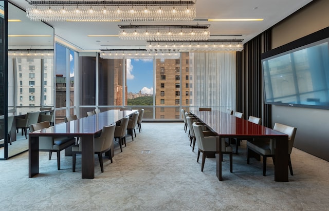 carpeted dining area with expansive windows