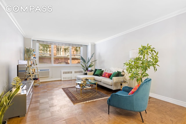 living area featuring baseboards, radiator heating unit, a wall unit AC, and crown molding