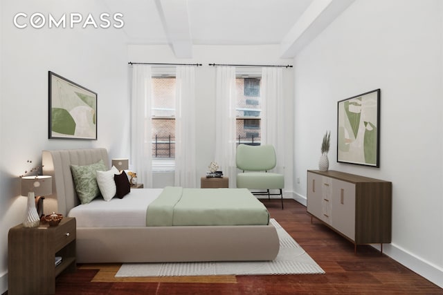 bedroom featuring beam ceiling, dark wood-type flooring, and baseboards