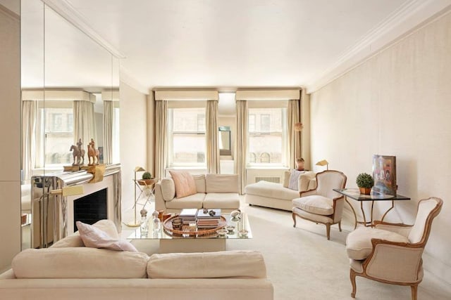 carpeted living room with crown molding