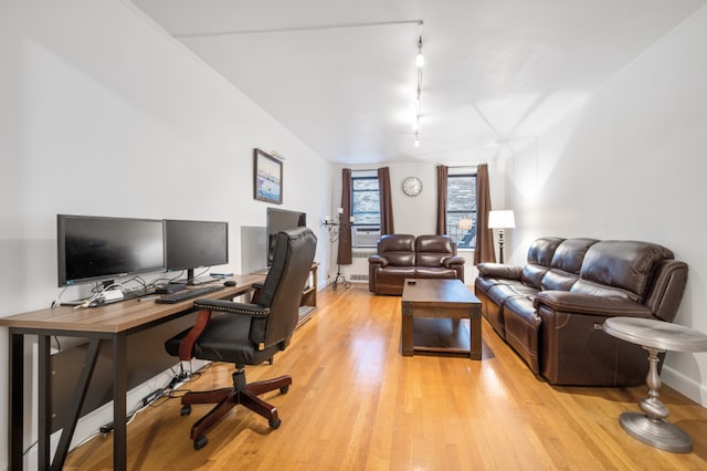 office with rail lighting and light hardwood / wood-style floors