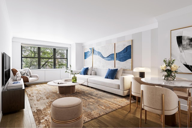 living room with hardwood / wood-style flooring and ornamental molding