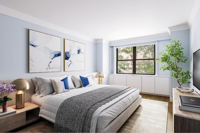 bedroom featuring ornamental molding and wood-type flooring