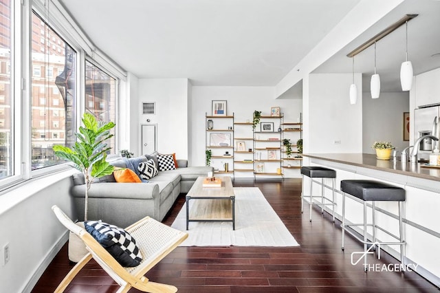 living room with sink, a wealth of natural light, and dark hardwood / wood-style floors