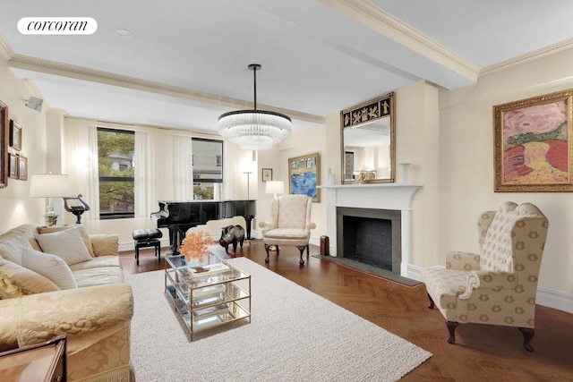 living room featuring beamed ceiling, ornamental molding, dark parquet flooring, and an inviting chandelier