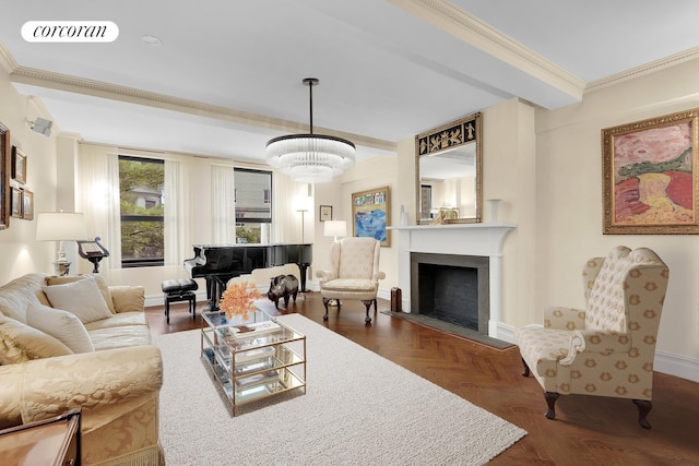 living area featuring a chandelier, a fireplace with flush hearth, visible vents, baseboards, and crown molding