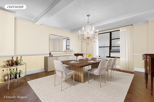 dining space with ornamental molding, dark parquet flooring, beam ceiling, and a chandelier