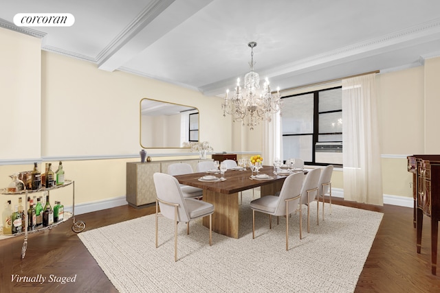 dining area featuring crown molding, a notable chandelier, dark parquet flooring, and beamed ceiling