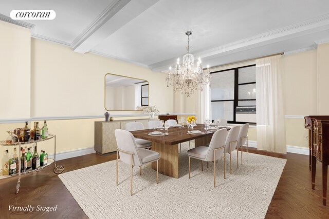 400 W End Ave Unit 2B, New York City, NY 10024 - dining area featuring a chandelier, crown molding, baseboards, plenty of natural light, and beamed ceiling