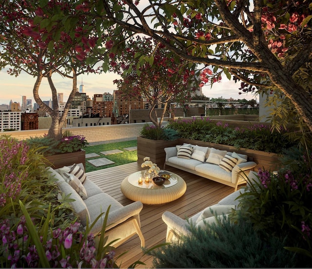 exterior space featuring a city view, a deck, and an outdoor hangout area