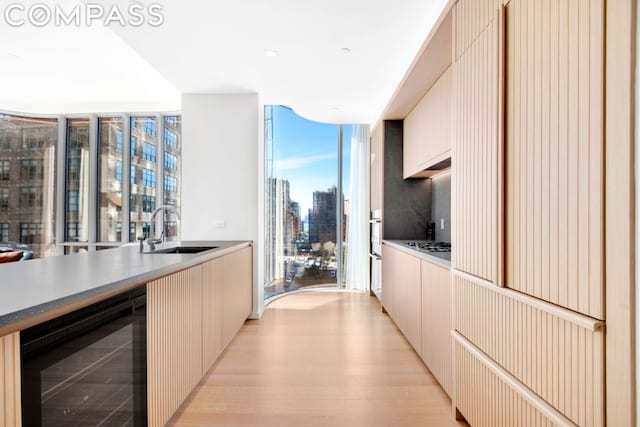 kitchen featuring sink, light hardwood / wood-style flooring, a wall of windows, tasteful backsplash, and beverage cooler