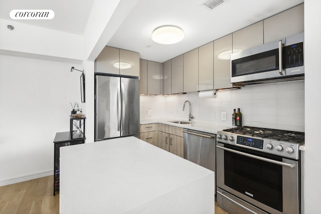 kitchen featuring light hardwood / wood-style floors, appliances with stainless steel finishes, gray cabinetry, tasteful backsplash, and sink