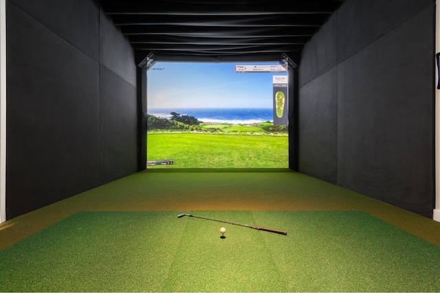 game room featuring golf simulator and carpet floors