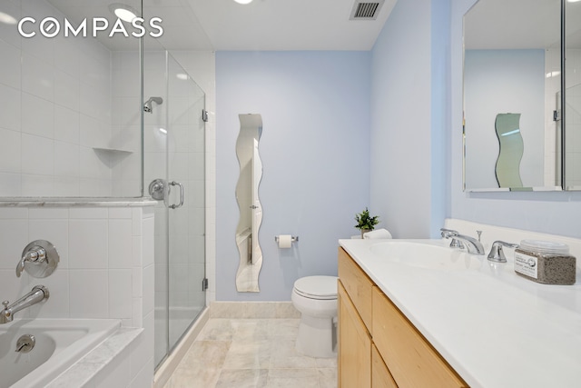 bathroom with a tub to relax in, visible vents, toilet, vanity, and a shower stall