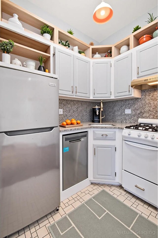 146 W 82nd St Unit 3A, New York City, NY 10024 - kitchen with appliances with stainless steel finishes, open shelves, under cabinet range hood, a sink, and tasteful backsplash