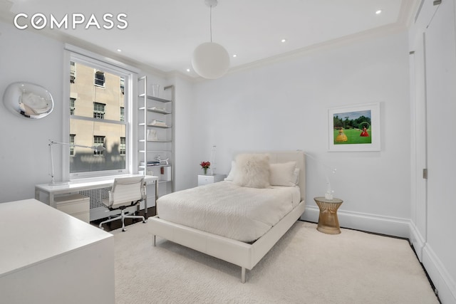 carpeted bedroom featuring crown molding, recessed lighting, and baseboards