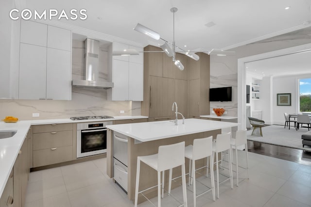 kitchen featuring wall chimney exhaust hood, modern cabinets, appliances with stainless steel finishes, and a sink