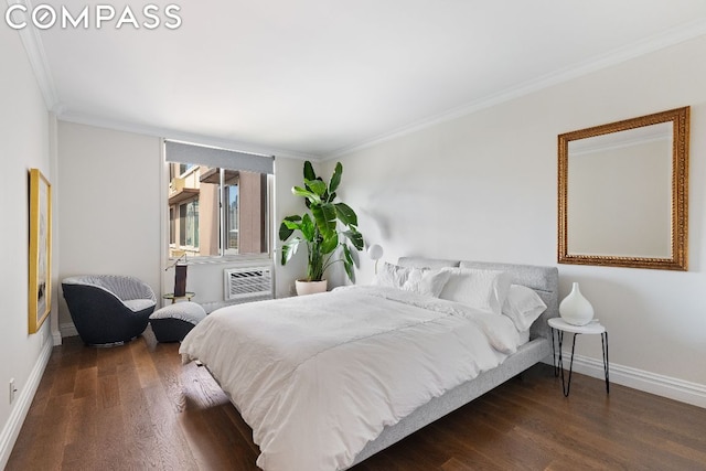 bedroom featuring dark hardwood / wood-style floors and crown molding