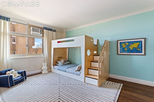 bedroom with wood-type flooring, crown molding, and a wall mounted AC