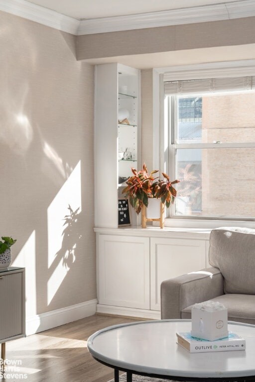 living room with wood-type flooring, a barn door, and crown molding