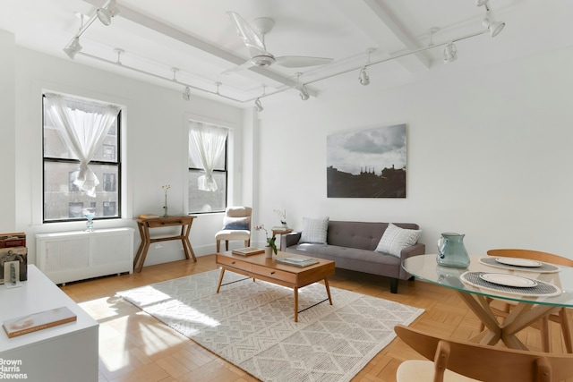 living room with radiator, ceiling fan, and track lighting