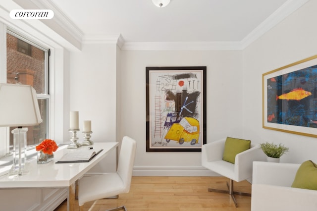 home office featuring ornamental molding and light hardwood / wood-style flooring