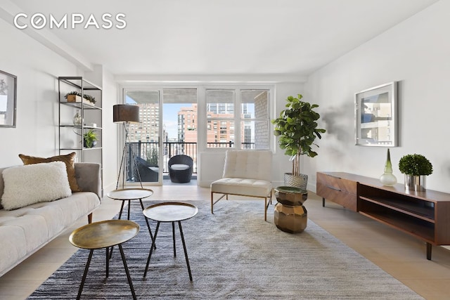 living room with light hardwood / wood-style flooring