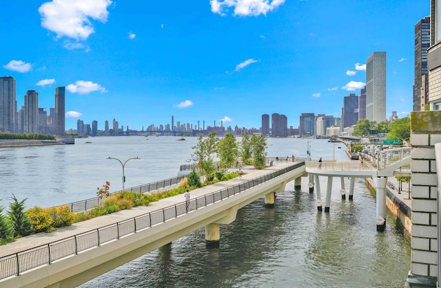 water view featuring a view of skyline and fence