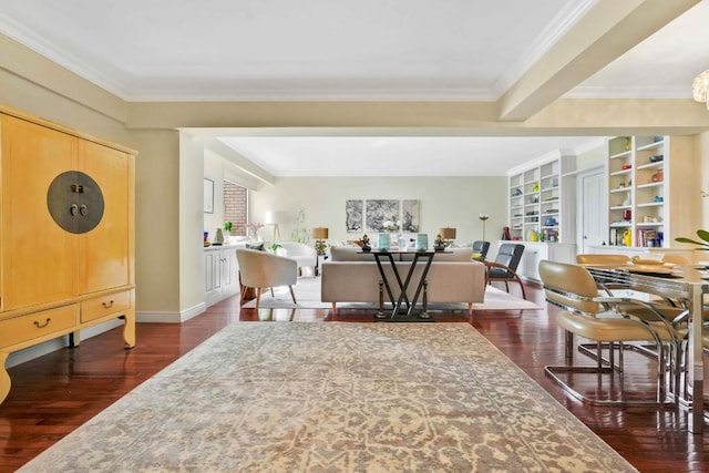 interior space with crown molding, dark wood-type flooring, and built in features