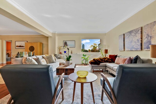 living area featuring ornamental molding and wood finished floors