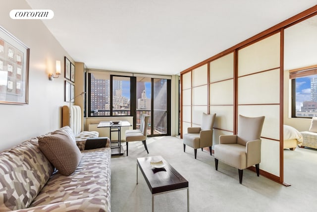 carpeted living room featuring visible vents and a city view