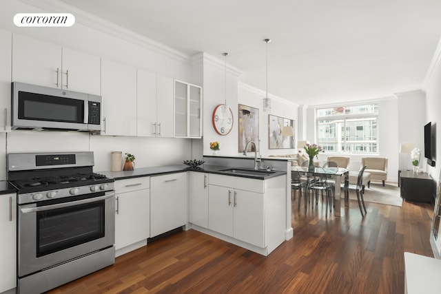 kitchen with crown molding, stainless steel appliances, dark countertops, and a sink