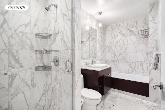 bathroom with a bathing tub, toilet, walk in shower, and vanity