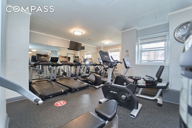 gym featuring crown molding, attic access, and plenty of natural light
