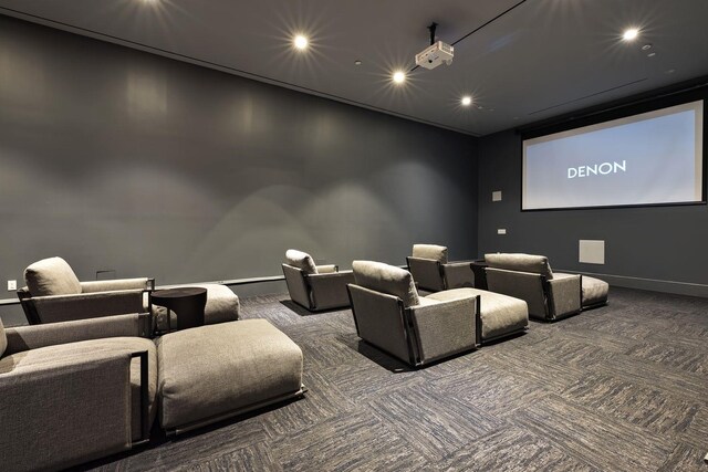 cinema with carpet flooring, recessed lighting, and baseboards