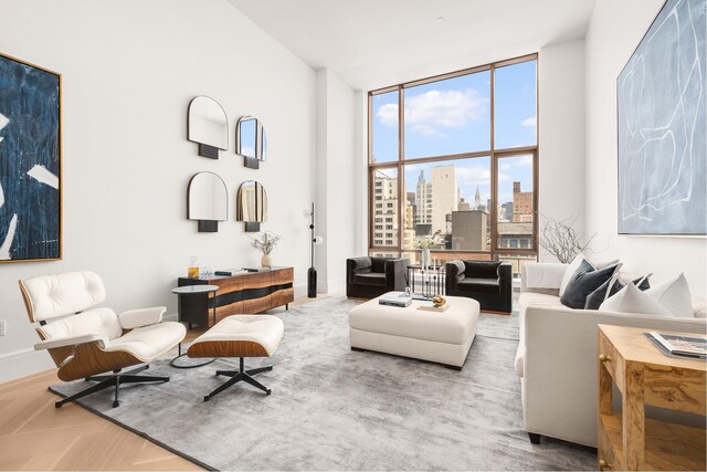 living area with baseboards, a city view, and a high ceiling