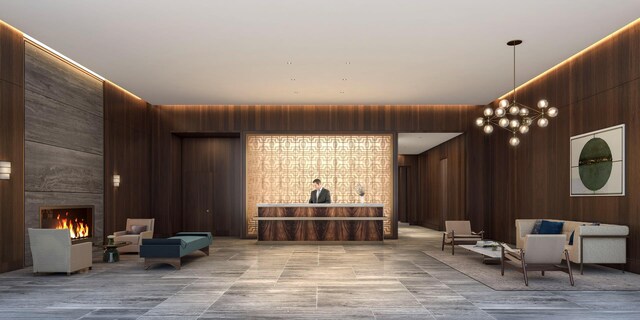 common area with wooden walls