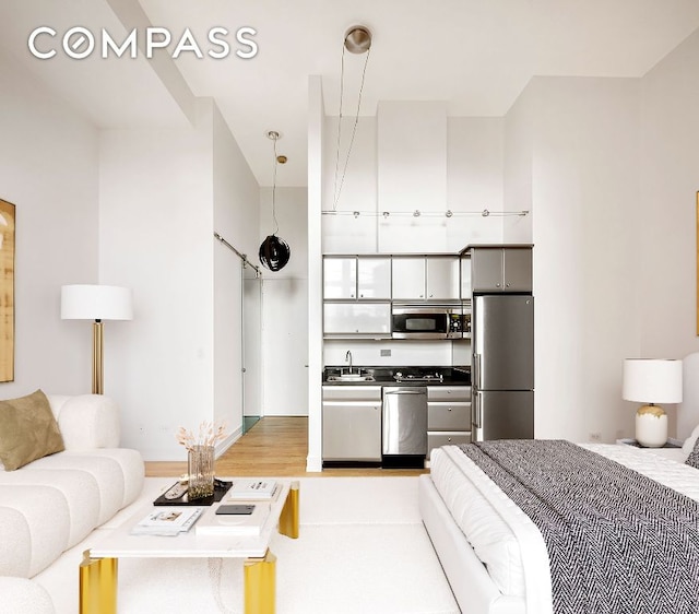 kitchen with stainless steel appliances, decorative light fixtures, sink, and light hardwood / wood-style flooring