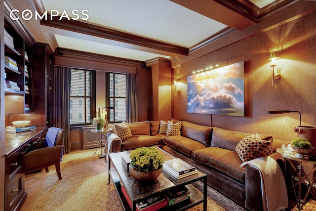 living room with beam ceiling, light carpet, crown molding, and built in desk