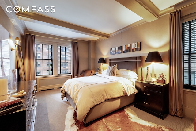 carpeted bedroom featuring beam ceiling, crown molding, and baseboards