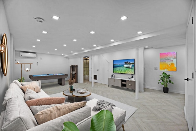 living room featuring pool table, a wall unit AC, and light parquet floors