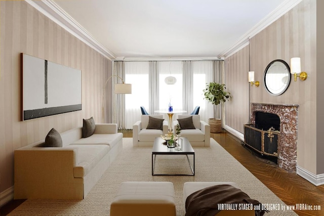 living room with dark parquet flooring and crown molding