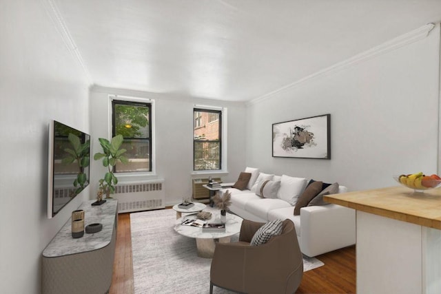 living room featuring radiator heating unit, crown molding, and dark wood-type flooring